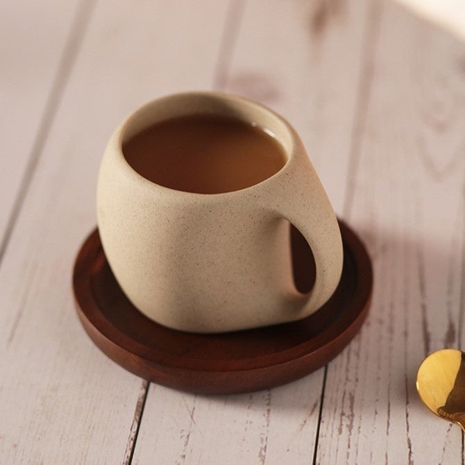 Kovat Wabi-Sabi Ceramic Coffee Mug Set with Natural Wooden Saucer and Gold Spoon - 220ml Matte Speckled Espresso Cappuccino Cup