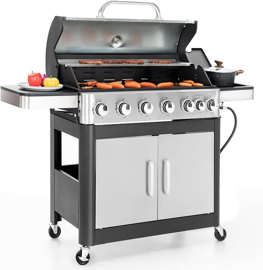 Burner Gas grill with side burner and enameled cast iron grille 42,000BTU outdoor cooking stainless steel propane grill Garden grill, silver