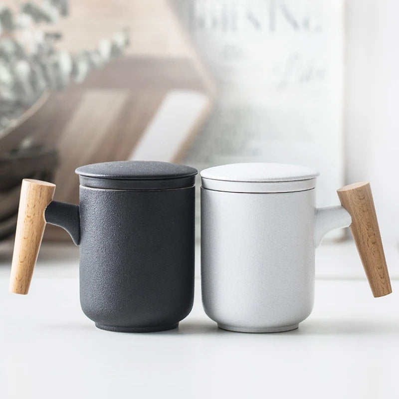 Kovat Minimalist Frosted Ceramic Tea Mug with Wood Handle, Infuser and Lid - 400ml Matte Porcelain Coffee Cup