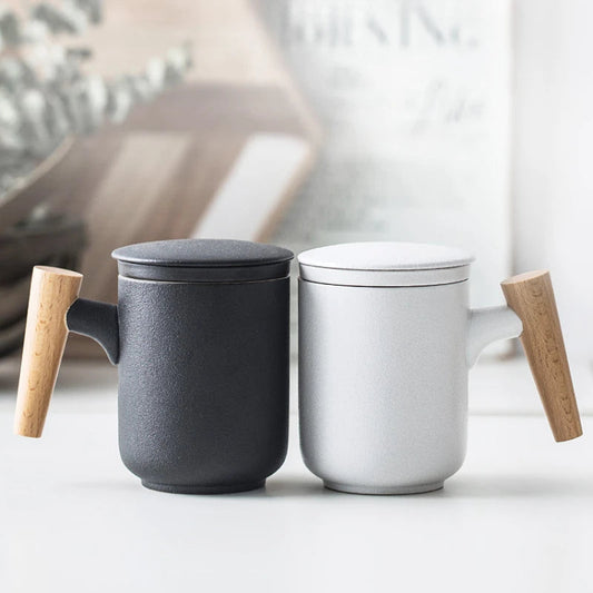 Kovat Minimalist Frosted Ceramic Tea Mug with Wood Handle, Infuser and Lid - 400ml Matte Porcelain Coffee Cup