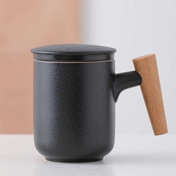 Kovat Minimalist Frosted Ceramic Tea Mug with Wood Handle, Infuser and Lid - 400ml Matte Porcelain Coffee Cup