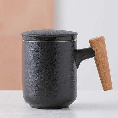 Kovat Minimalist Frosted Ceramic Tea Mug with Wood Handle, Infuser and Lid - 400ml Matte Porcelain Coffee Cup
