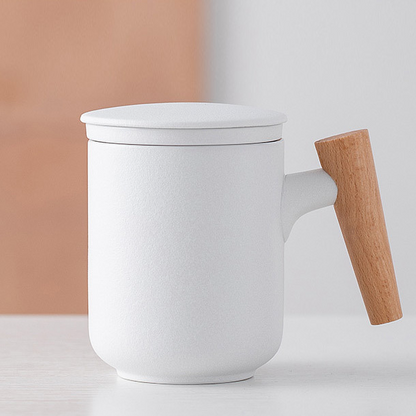 Kovat Minimalist Frosted Ceramic Tea Mug with Wood Handle, Infuser and Lid - 400ml Matte Porcelain Coffee Cup