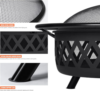 SUNCREAT 42” Patio Fire Pit Wood Burning with Mesh Spark Screen, Bonfire Outdoor firepit with Fireplace Poker, Black
