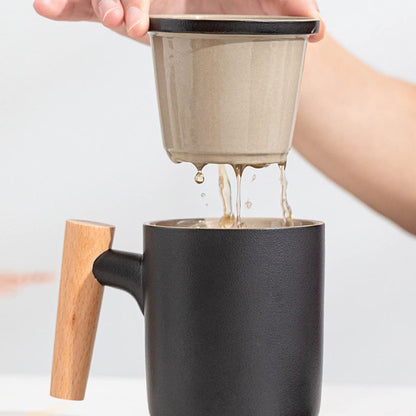 Kovat Minimalist Frosted Ceramic Tea Mug with Wood Handle, Infuser and Lid - 400ml Matte Porcelain Coffee Cup