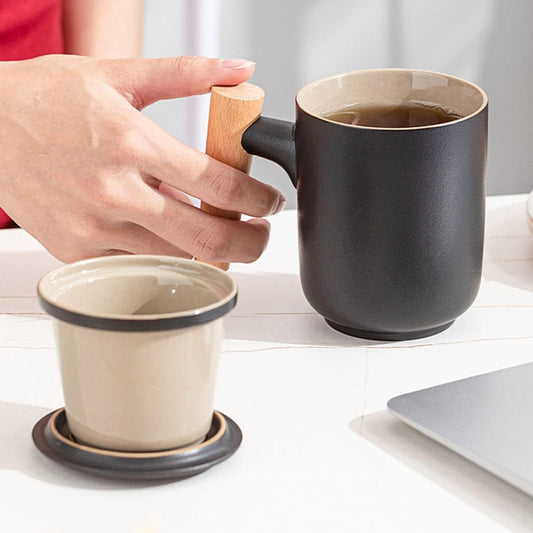 Kovat Minimalist Frosted Ceramic Tea Mug with Wood Handle, Infuser and Lid - 400ml Matte Porcelain Coffee Cup