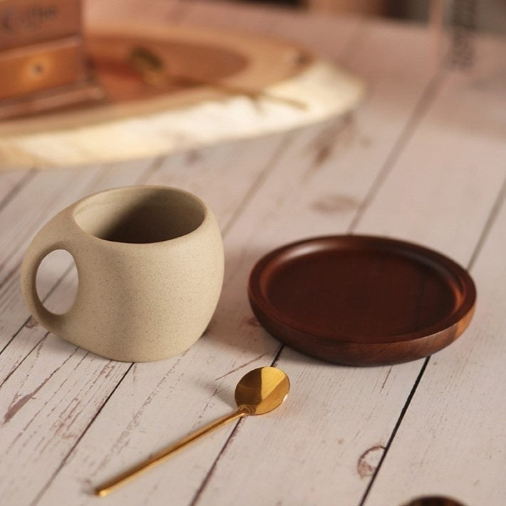 Kovat Wabi-Sabi Ceramic Coffee Mug Set with Natural Wooden Saucer and Gold Spoon - 220ml Matte Speckled Espresso Cappuccino Cup
