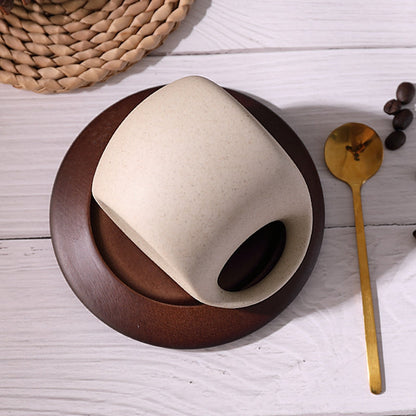 Kovat Wabi-Sabi Ceramic Coffee Mug Set with Natural Wooden Saucer and Gold Spoon - 220ml Matte Speckled Espresso Cappuccino Cup