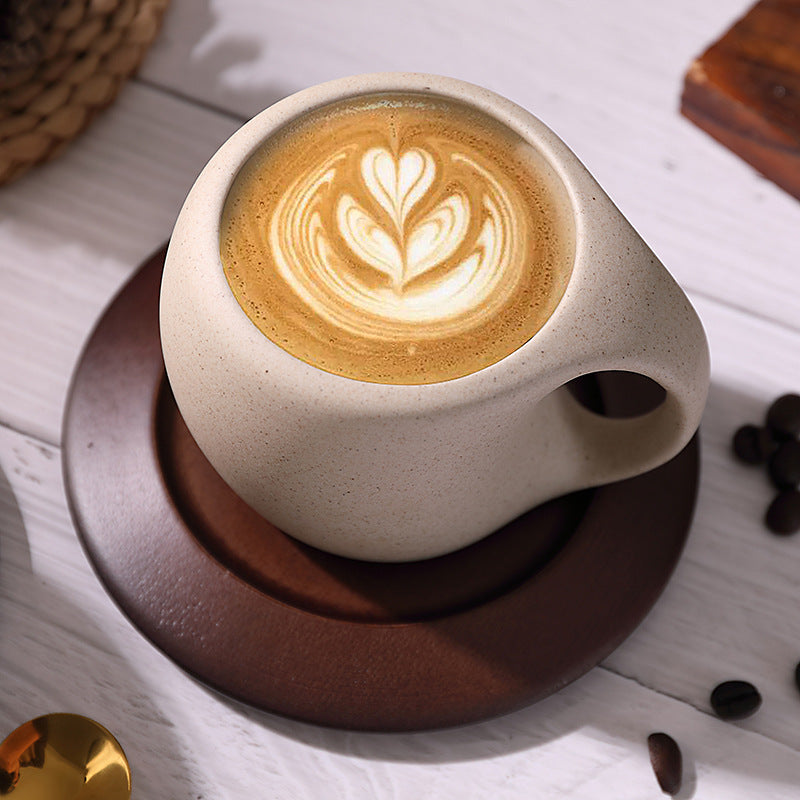 Kovat Wabi-Sabi Ceramic Coffee Mug Set with Natural Wooden Saucer and Gold Spoon - 220ml Matte Speckled Espresso Cappuccino Cup