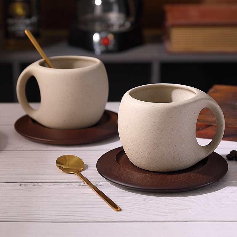 Kovat Wabi-Sabi Ceramic Coffee Mug Set with Natural Wooden Saucer and Gold Spoon - 220ml Matte Speckled Espresso Cappuccino Cup