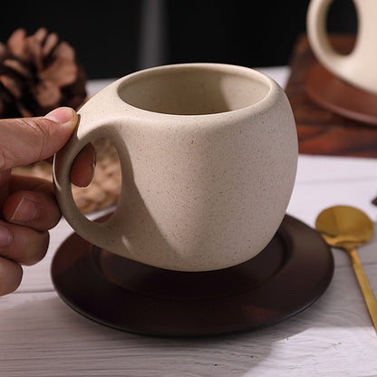 Kovat Wabi-Sabi Ceramic Coffee Mug Set with Natural Wooden Saucer and Gold Spoon - 220ml Matte Speckled Espresso Cappuccino Cup