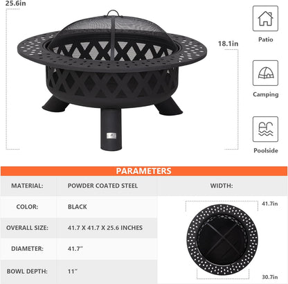 SUNCREAT 42” Patio Fire Pit Wood Burning with Mesh Spark Screen, Bonfire Outdoor firepit with Fireplace Poker, Black