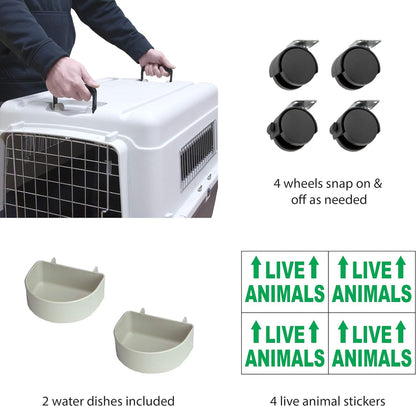 SportPet Designs Plastic Kennels Rolling Plastic Airline Approved Wire Door Travel Dog Crate, XXX-Large, Gray