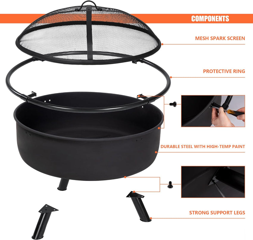 SUNCREAT 42” Patio Fire Pit Wood Burning with Mesh Spark Screen, Bonfire Outdoor firepit with Fireplace Poker, Black