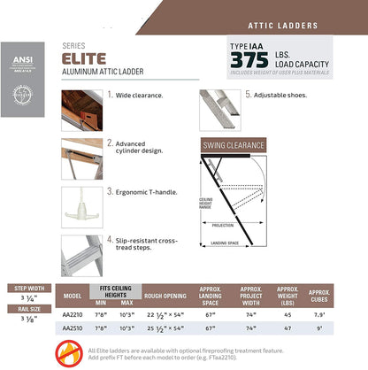 25-1/2 by 54-Inch Elite, 7'8′′-10-Foot Ceiling Height, 375-Pound Capacity, Type IAA, AA2510, Aluminum Ladder, attic, x Rough Opening, Silver
