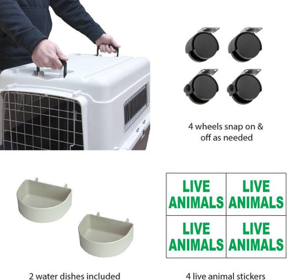 SportPet Designs Plastic Kennels Rolling Plastic Airline Approved Wire Door Travel Dog Crate, XXX-Large, Gray
