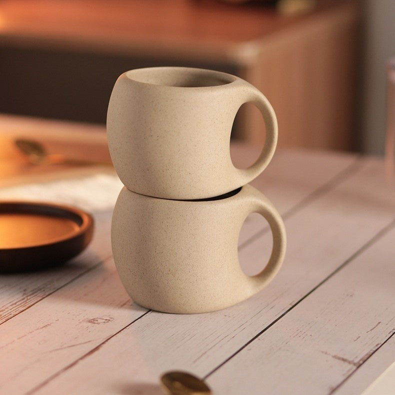 Kovat Wabi-Sabi Ceramic Coffee Mug Set with Natural Wooden Saucer and Gold Spoon - 220ml Matte Speckled Espresso Cappuccino Cup