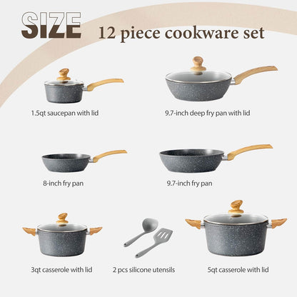 Kitchen Academy Induction Cookware Sets - 12 Piece Green Cooking Pan Set, Granite Nonstick Pots and Pans Set