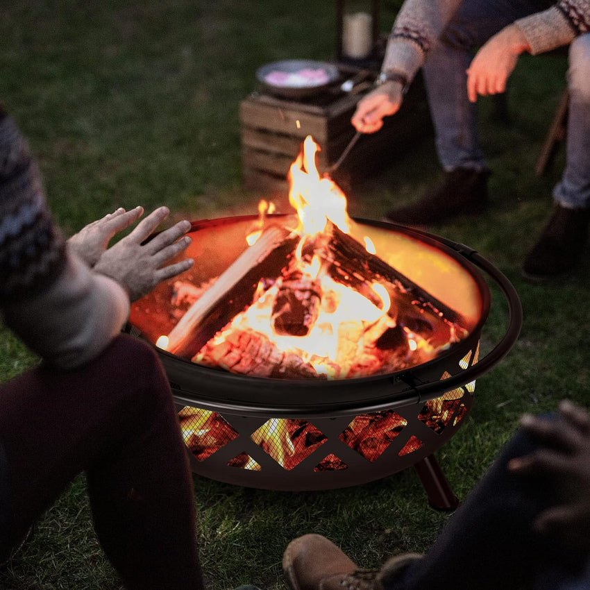 SUNCREAT 42” Patio Fire Pit Wood Burning with Mesh Spark Screen, Bonfire Outdoor firepit with Fireplace Poker, Black