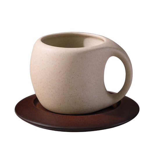 Kovat Wabi-Sabi Ceramic Coffee Mug Set with Natural Wooden Saucer and Gold Spoon - 220ml Matte Speckled Espresso Cappuccino Cup