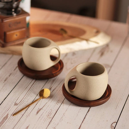 Kovat Wabi-Sabi Ceramic Coffee Mug Set with Natural Wooden Saucer and Gold Spoon - 220ml Matte Speckled Espresso Cappuccino Cup