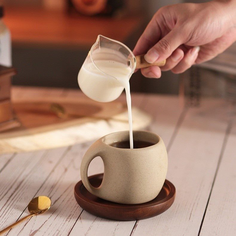 Kovat Wabi-Sabi Ceramic Coffee Mug Set with Natural Wooden Saucer and Gold Spoon - 220ml Matte Speckled Espresso Cappuccino Cup