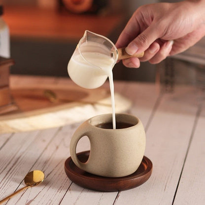 Kovat Wabi-Sabi Ceramic Coffee Mug Set with Natural Wooden Saucer and Gold Spoon - 220ml Matte Speckled Espresso Cappuccino Cup