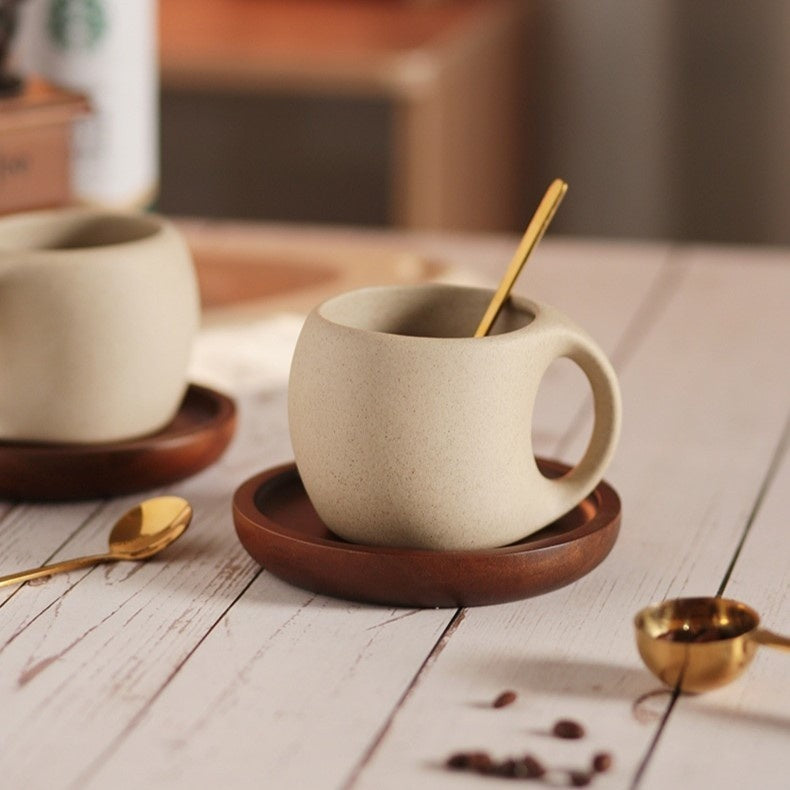 Kovat Wabi-Sabi Ceramic Coffee Mug Set with Natural Wooden Saucer and Gold Spoon - 220ml Matte Speckled Espresso Cappuccino Cup
