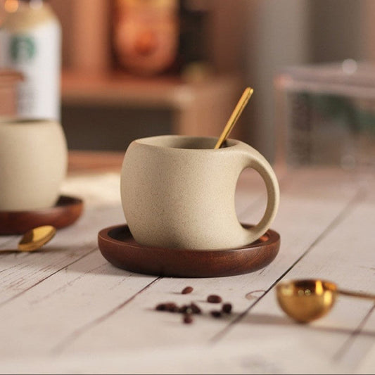 Kovat Wabi-Sabi Ceramic Coffee Mug Set with Natural Wooden Saucer and Gold Spoon - 220ml Matte Speckled Espresso Cappuccino Cup